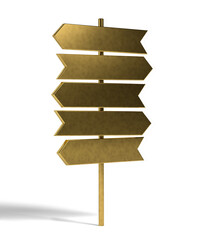 Crossroads signpost in gold color isolated from white or transparent background