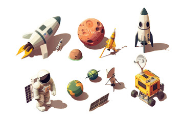 Space shuttle and rocket set in cartoon style for business and web icons