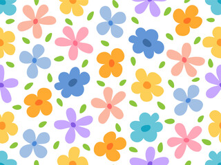 Colorful seamless pattern with simple bright flowers and leaves. Bright floral seamless vector background