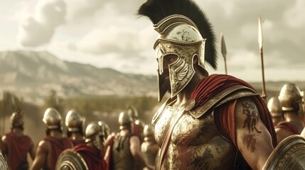 Fototapeta na wymiar An accomplished hoplite proudly displaying multiple symbols of his victories and achievements inspires his fellow soldiers to fight with honor.