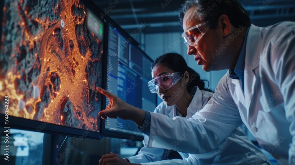 Poster two scientists in a lab coat and goggles can be seen crouching next to a large monitor as they close