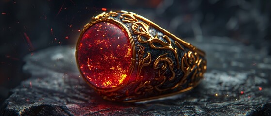 A mystical fire element ring with gemstone that grants the wearer invincibility - obrazy, fototapety, plakaty