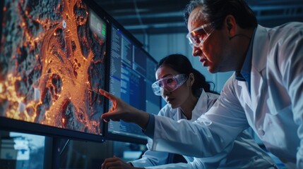 Two scientists in a lab coat and goggles can be seen crouching next to a large monitor as they closely examine highresolution images of a volcanic eruption. They point to