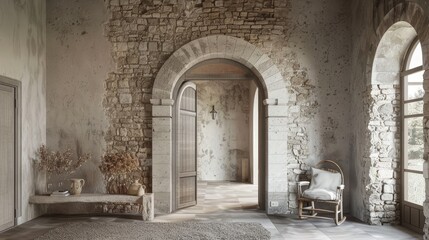 Fototapeta na wymiar an architectural archway nestled inside a meticulously maintained Tuscan house, illuminated by natural light to accentuate the intricate details of the white stone texture.