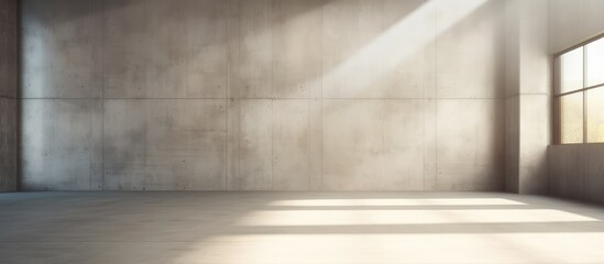 An abstract, empty modern concrete room with sunlight streaming in through industrial windows. The room is spacious and illuminated by the natural light coming through the large windows.