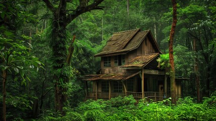 Fototapeta na wymiar An abandoned house in the jungle