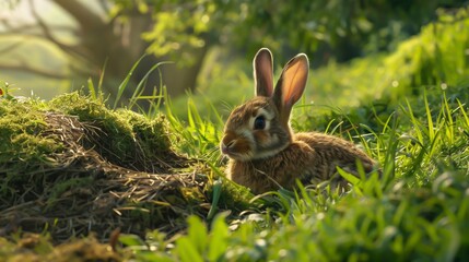 A bunny coming out of a burrow on a hill