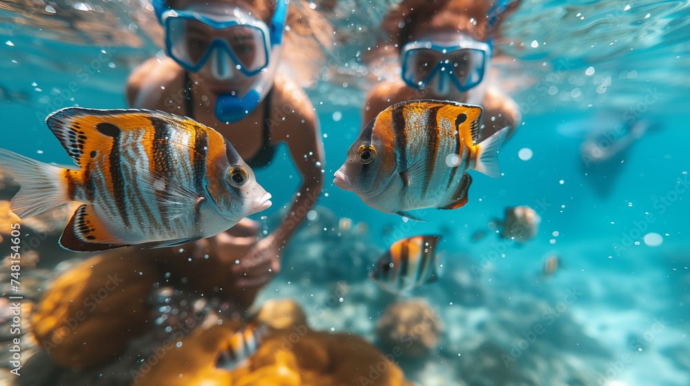 Wall mural underwater view of woman snorkeling with tropical fish.