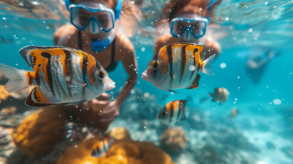 Underwater view of woman snorkeling with tropical fish. - obrazy, fototapety, plakaty