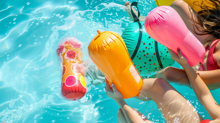 This portable air pump is a musthave for any pool party or summer vacation as it can save time and effort when inflating multiple items. - obrazy, fototapety, plakaty