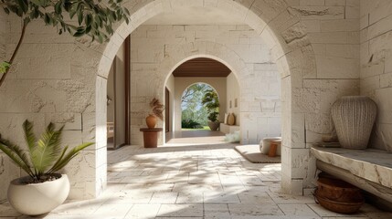 an architectural archway nestled inside a meticulously maintained Tuscan house, illuminated by natural light to accentuate the intricate details of the white stone texture.