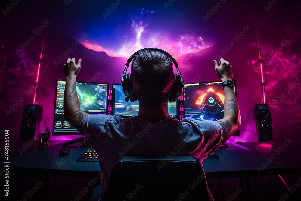 Poster professional esports player taking part in team competition gamer space neon light generative ai pic