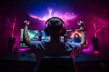 Fotobehang Professional esports player taking part in team competition gamer space neon light Generative AI picture © Tetiana