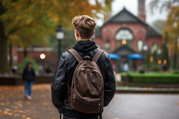Portrait of young boy walking in big town alone generated with AI technology