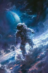 An astronaut beside a Neptune storm showcasing the vivid blues and turbulent atmosphere