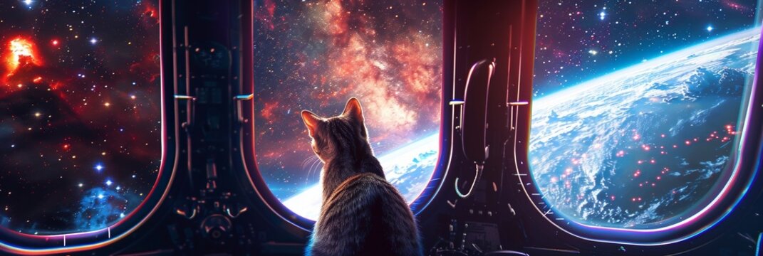 An astronaut cat observing a solar flare from the safety of a spacecraft window with the vastness of the Milky Way as a backdrop