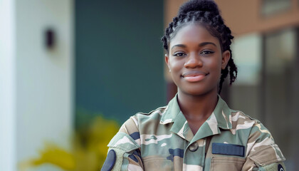 Portrait young confident black woman soldier in military uniform looking at camera and smiles.