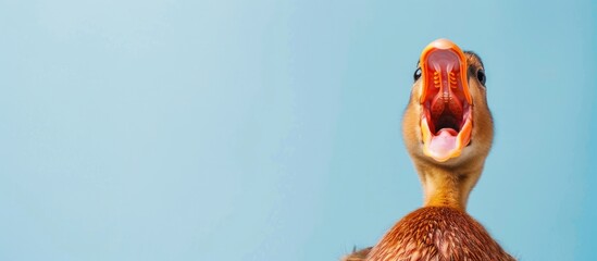 Cute duckling expression surprised on light blue copy space background. AI generated image - obrazy, fototapety, plakaty