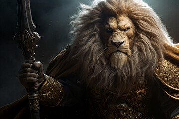 Generative AI illustration image of wild animal lion king knight with armor and sword