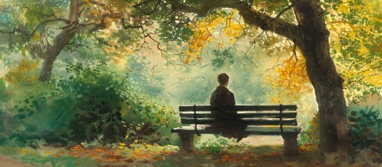 Illustration painting style a woman sitting alone under a lush tree. Generated AI image