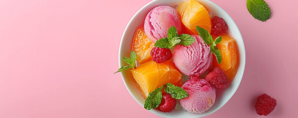 A bowl of colorful fruit sorbet topped with mint leaves on a mirrored surface with a soft pink background Top view space to copy.