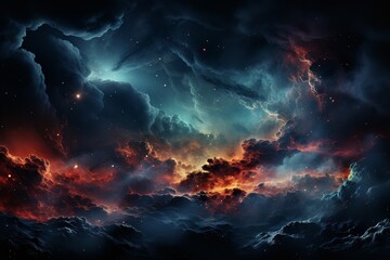 A stunning and otherworldly painting of colorful clouds in a dark space. The clouds are vibrant and...