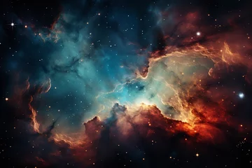 Foto op Plexiglas A stunning photograph of a colorful nebula in deep space, with intricate swirls and glowing clouds. The nebula is reminiscent of a phoenix rising from the ashes © wiwid