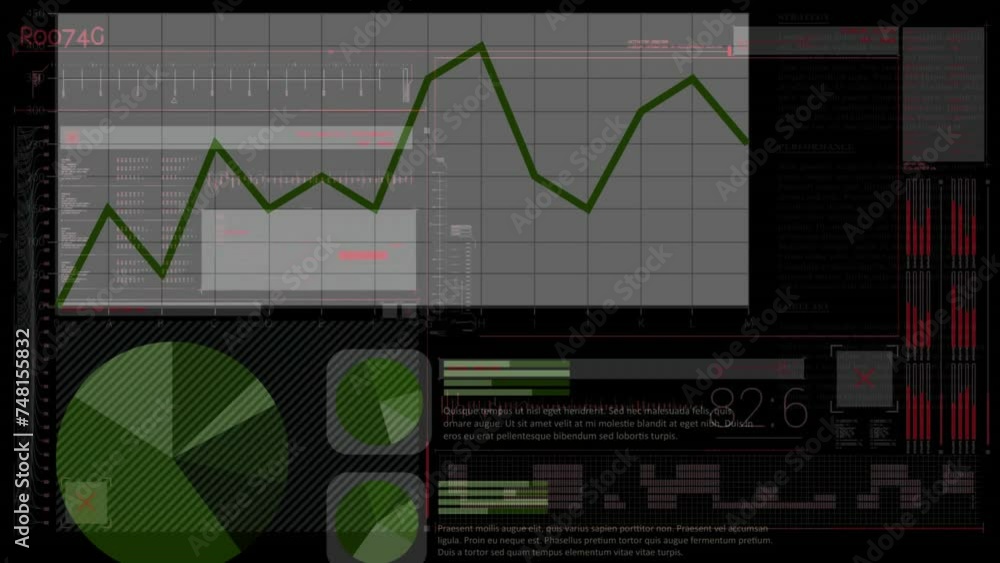 Poster animation of data processing and diagrams over black background