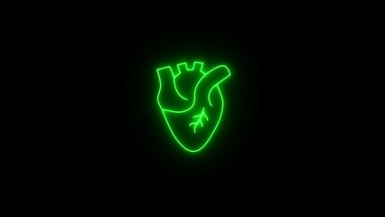 Neon abstract green human heart, cardiac muscle line and silhouette color icon. 3D realistic isolated human heart. Green neon human heart on black background. Neon human heart medical structure.