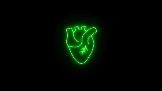 Neon abstract green human heart, cardiac muscle line and silhouette color icon. 3D realistic isolated human heart. Green neon human heart on black background. Neon human heart medical structure.