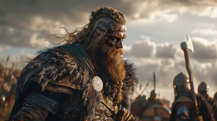 The ground shakes beneath the feet of this charging Viking Berserker who leads his fellow warriors into battle with an unbreakable determination. - obrazy, fototapety, plakaty