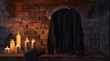 a simple black sweatshirt, casually draped without ties, juxtaposed against burning candles casting a warm glow, set against the rustic backdrop of a brick wall.