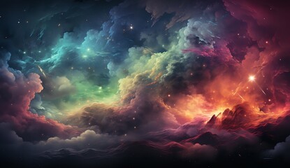 Obraz na płótnie Canvas A surreal image of a colorful cloudy sky with stars and mountains in the background. The colors are vibrant and the mountains are covered in snow.