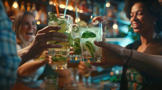 close up view of group of friends cheering on mojito drinks at restaurant bar.