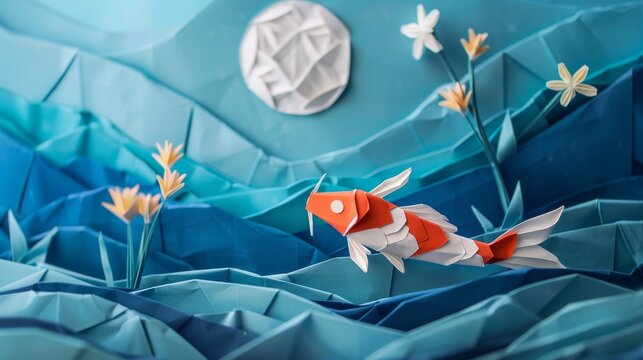 Delicate paper koi fish swimming in a sea of blue origami waves under a paper moon