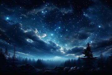 A breathtaking and awe-inspiring painting of a night sky full of stars, with a forest in the...