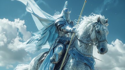 A knight riding a white horse with a flowing mane dressed in a suit of blue and silver armor and wielding a spear with a golden tip. - obrazy, fototapety, plakaty