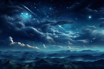 Naklejka na ściany i meble A breathtaking photo of a night sky filled with stars and clouds over a mountain range. The sky is ablaze with color, and the clouds are illuminated by the moonlight.