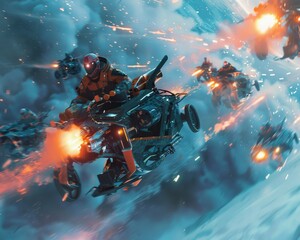 Extreme sports athletes using mechanical gadgets to navigate through an interstellar war zone blending technology with adrenaline - obrazy, fototapety, plakaty