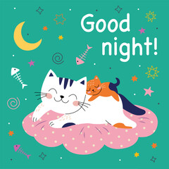 Cute card with family cats. Good night. Vector illustration. green background