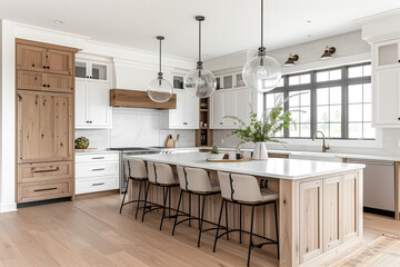 A beautiful farmhouse kitchen with white and white oak cabinets and chairs sitting at a large white oak island with a waterfall marble countertop.	