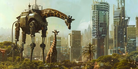 In a bustling city a robot and a giraffe architect review skyline blueprints together symbolizing a future of coexistence and creativity - obrazy, fototapety, plakaty