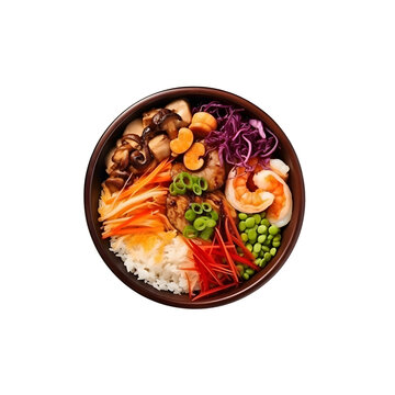  Top view composition of various Asian food in bowl on transparent background 