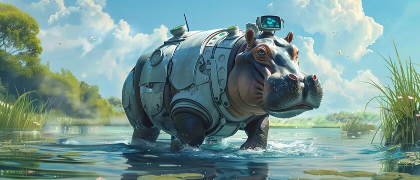 In the rivers embrace a robot hippo clad in a lab coat works diligently a scientists ally in safeguarding water purity