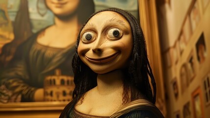 Mona Lisa with a wide grin eyes sparkling with joy against the iconic backdrop - obrazy, fototapety, plakaty