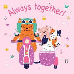 Cute card with family cats. Always together. Moto bike. Vector illustration. pink background