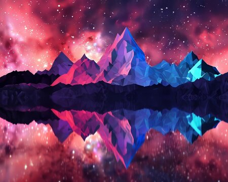 Mirror prism mountains reflecting the vibrant hues of a candy nebula in the night sky
