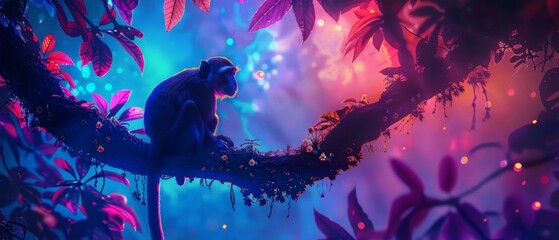 Neon vines serve as a playground for monkeys their silhouettes a dance of colors against the backdrop of a starry night