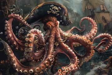Obraz premium Octopuses don pirate hats navigating through sunken treasure realms their tentacles entwined with gold and jewels