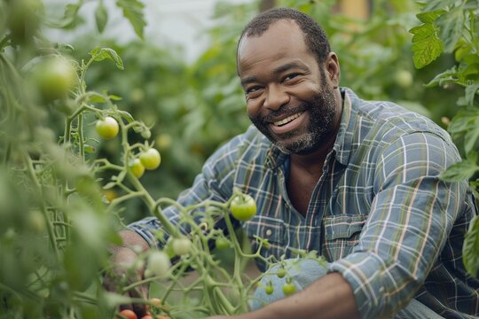 portrait of Afroamerican farmer picking tomatoes. Local gardening concept. Lifestyle photo. Background for banner, flyer, advertising